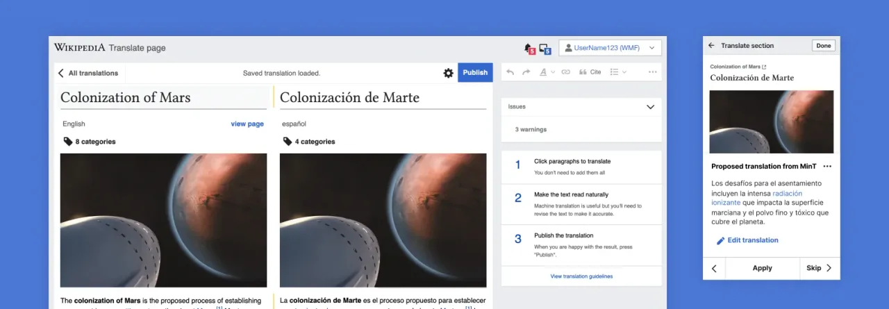 Desktop and mobile views of the Multilingual editor tool
