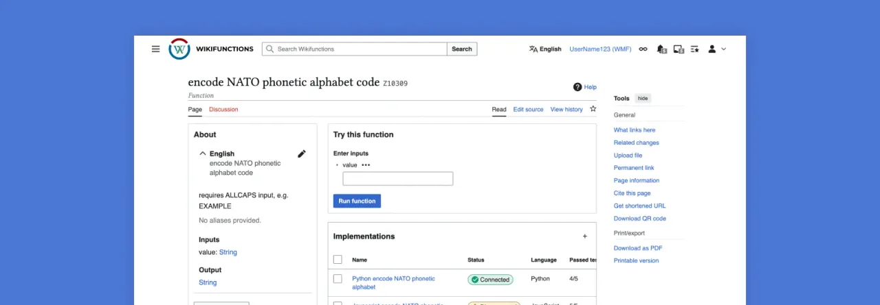 Desktop view of Wikifunctions tool