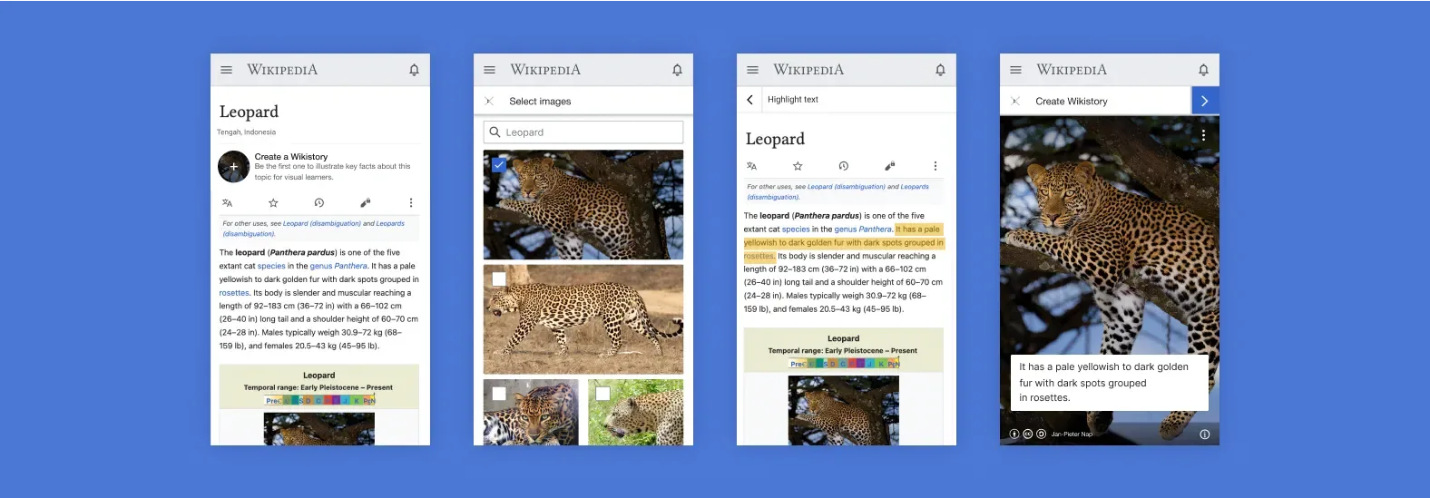 Four mobile views of the Wikistories Africa tool