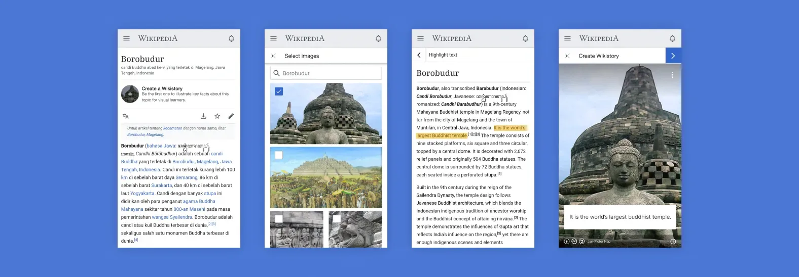 Four mobile views of the Wikistories Indonesia tool